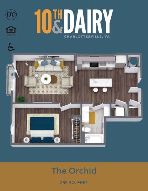 Floor plan for 1 bed, 1 bath, 762 sqft